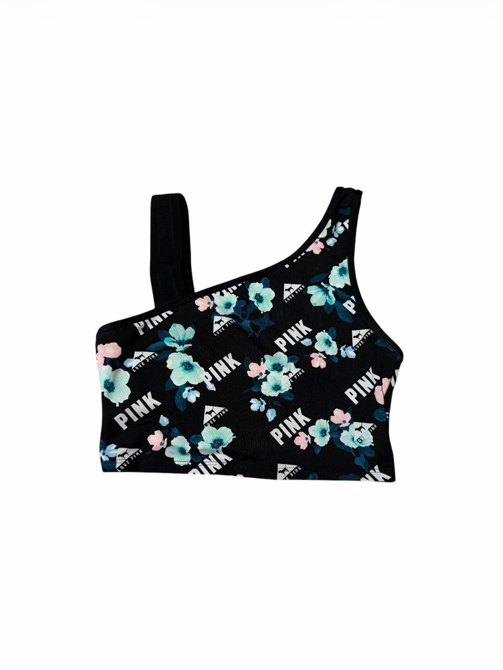 PINK Victoria's Secret Black Floral One-Shoulder Sports Bra